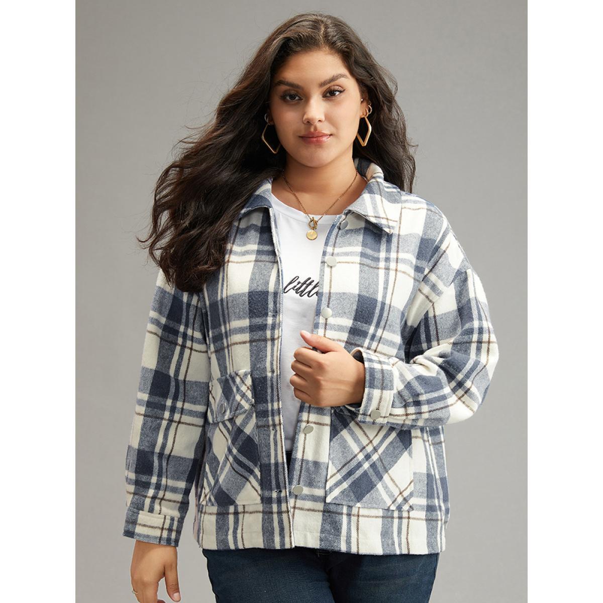 Plus Size Plaid Lapel Collar Metal Detail Pocket Shacket Women DarkBlue Casual Contrast Ladies Everyday Winter Coats BloomChic 14-16/1X Product Image