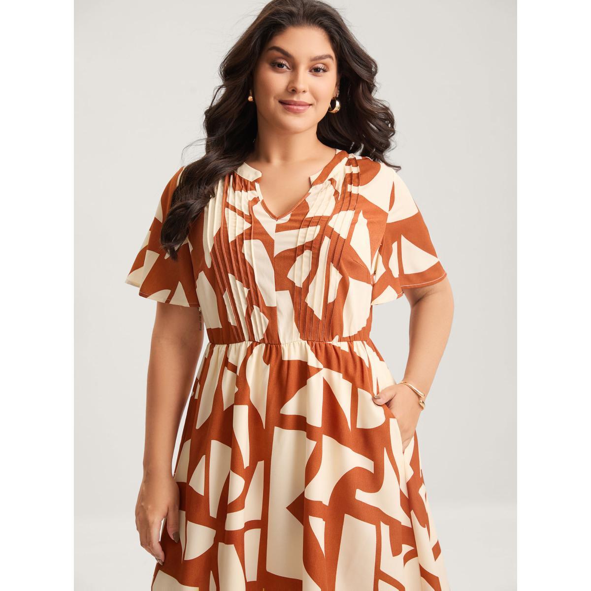 Plus Size Toothpick Pleat Notched Collar Midi Dress Rust Women Flat collar with V-notch Short sleeve Curvy BloomChic 26/4X Product Image