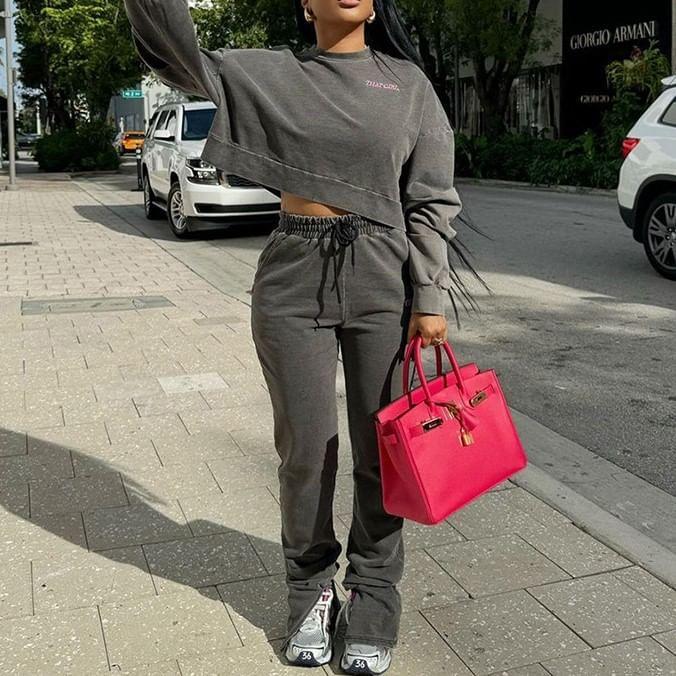 Set: Lettering Embroidered Crop Hoodie + Drawstring Waist Slit Straight Leg Sweatpants Product Image