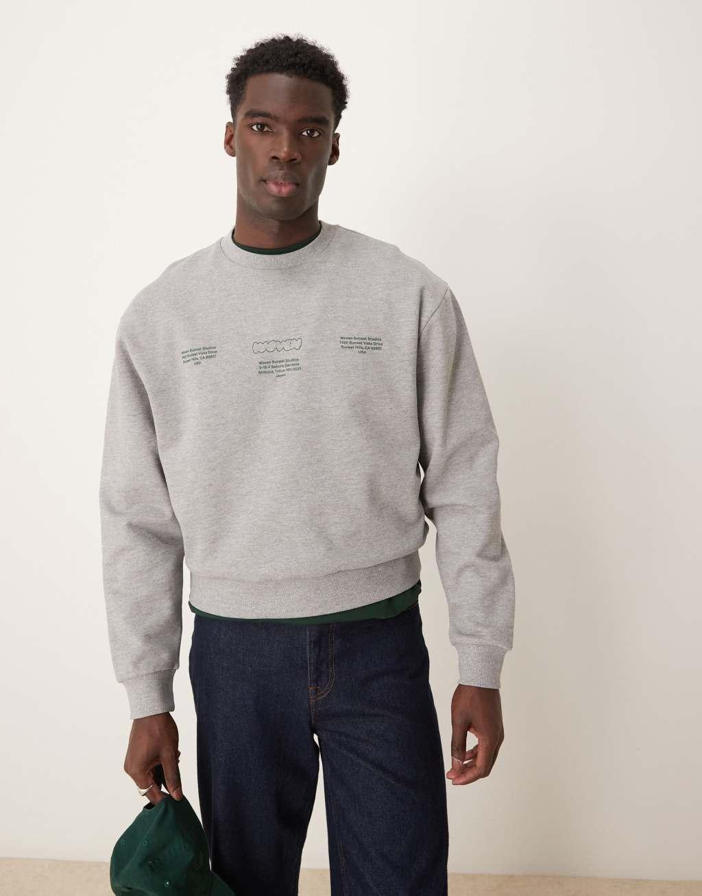 ASOS DESIGN oversized drop shoulder sweatshirt with sunset print in gray heather Product Image