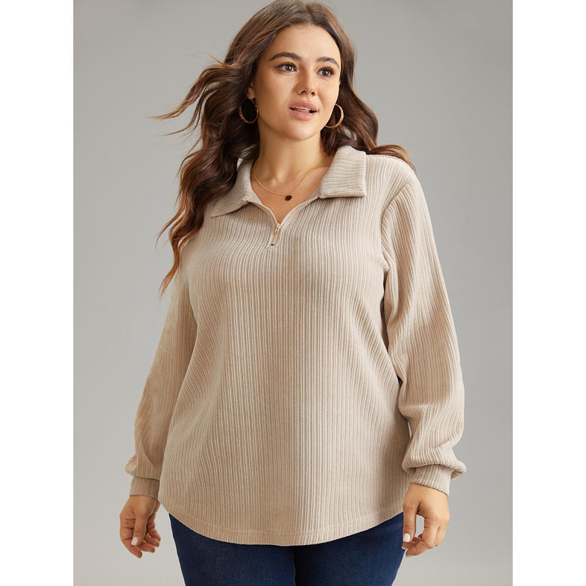 Plus Size Plain Heather Zipper Texture Polo Sweatshirt Women LightBrown Casual Texture Polo Dailywear Sweatshirts BloomChic 30/6X Product Image