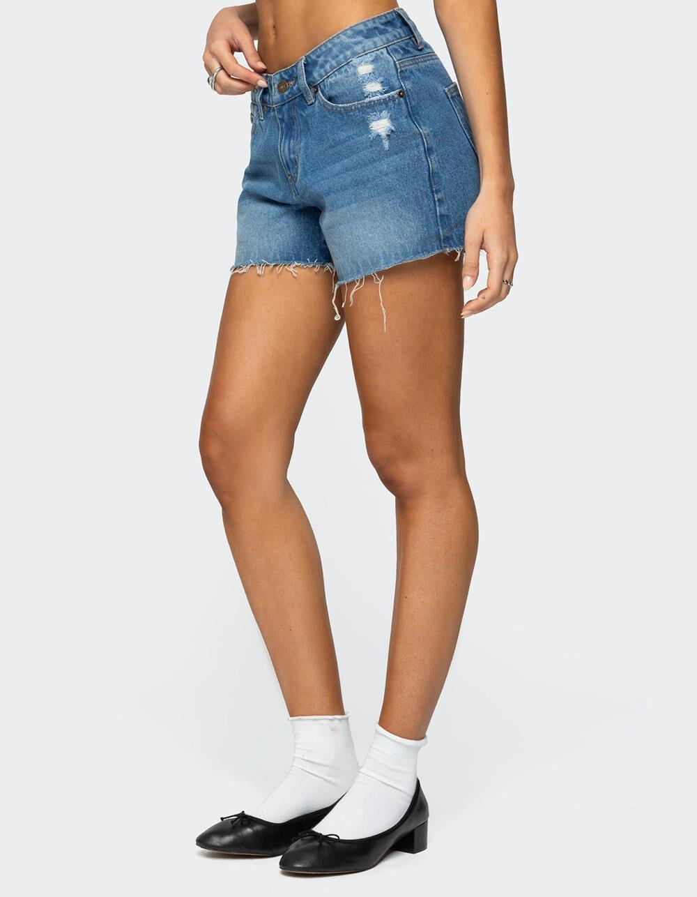 EDIKTED Scottie Low Rise Denim Shorts - BLUE Product Image