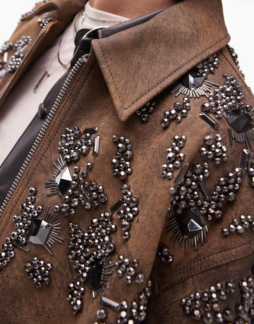 Topshop Premium real leather embellished bomber jacket in brown Product Image