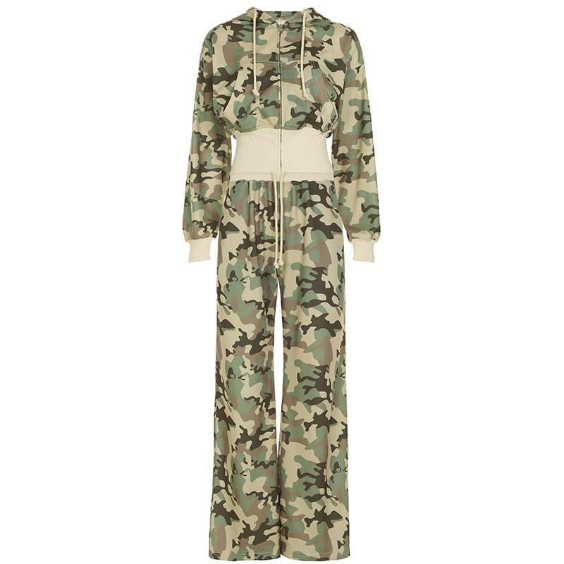 Camouflage Print Zip-Up Jacket / Drawstring Waist Sweatpants / Set Product Image