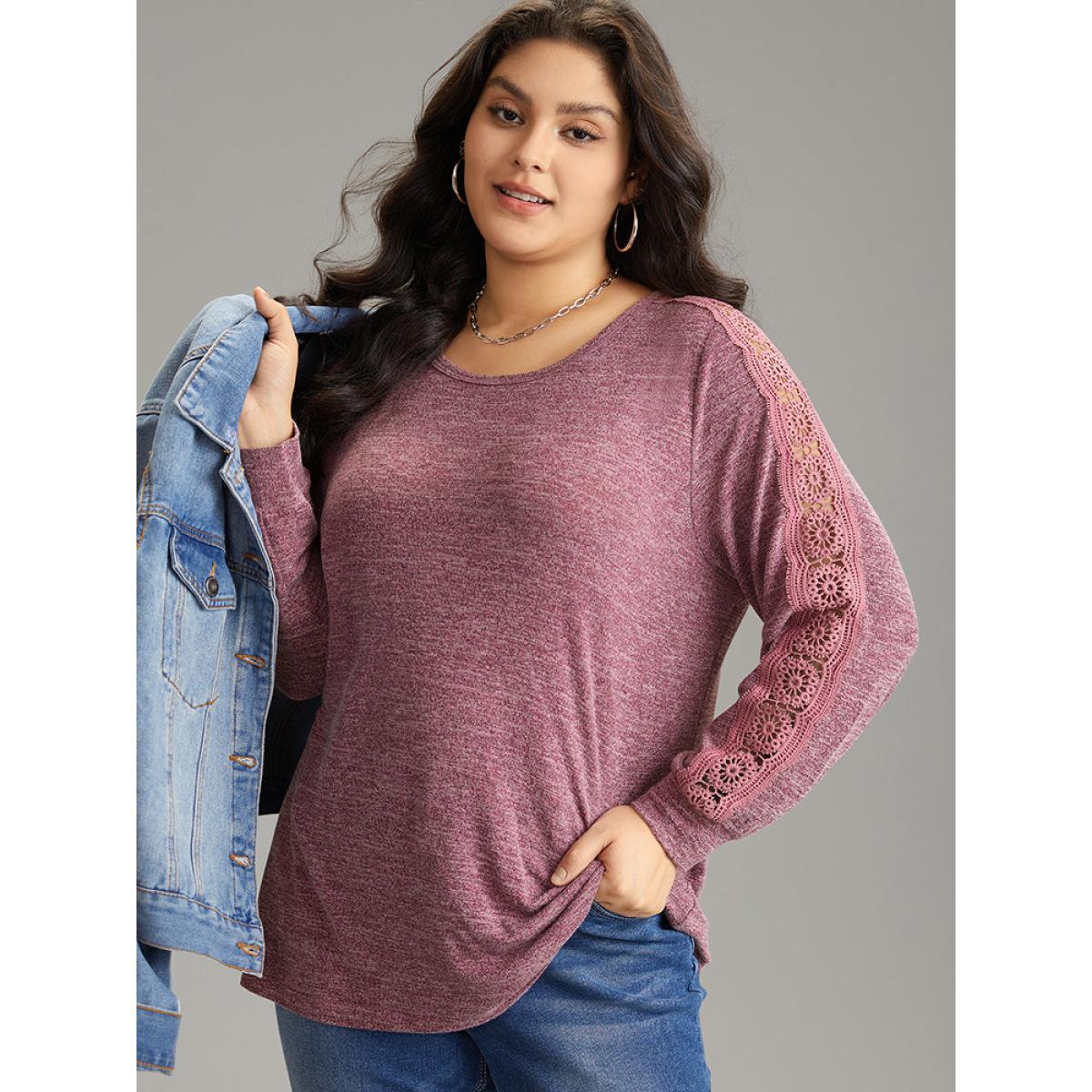 Plus Size Plain Contrast Lace Crew Neck T-shirt DustyPink Women Casual Plain Plain Round Neck Dailywear T-shirts BloomChic 28/5X Product Image