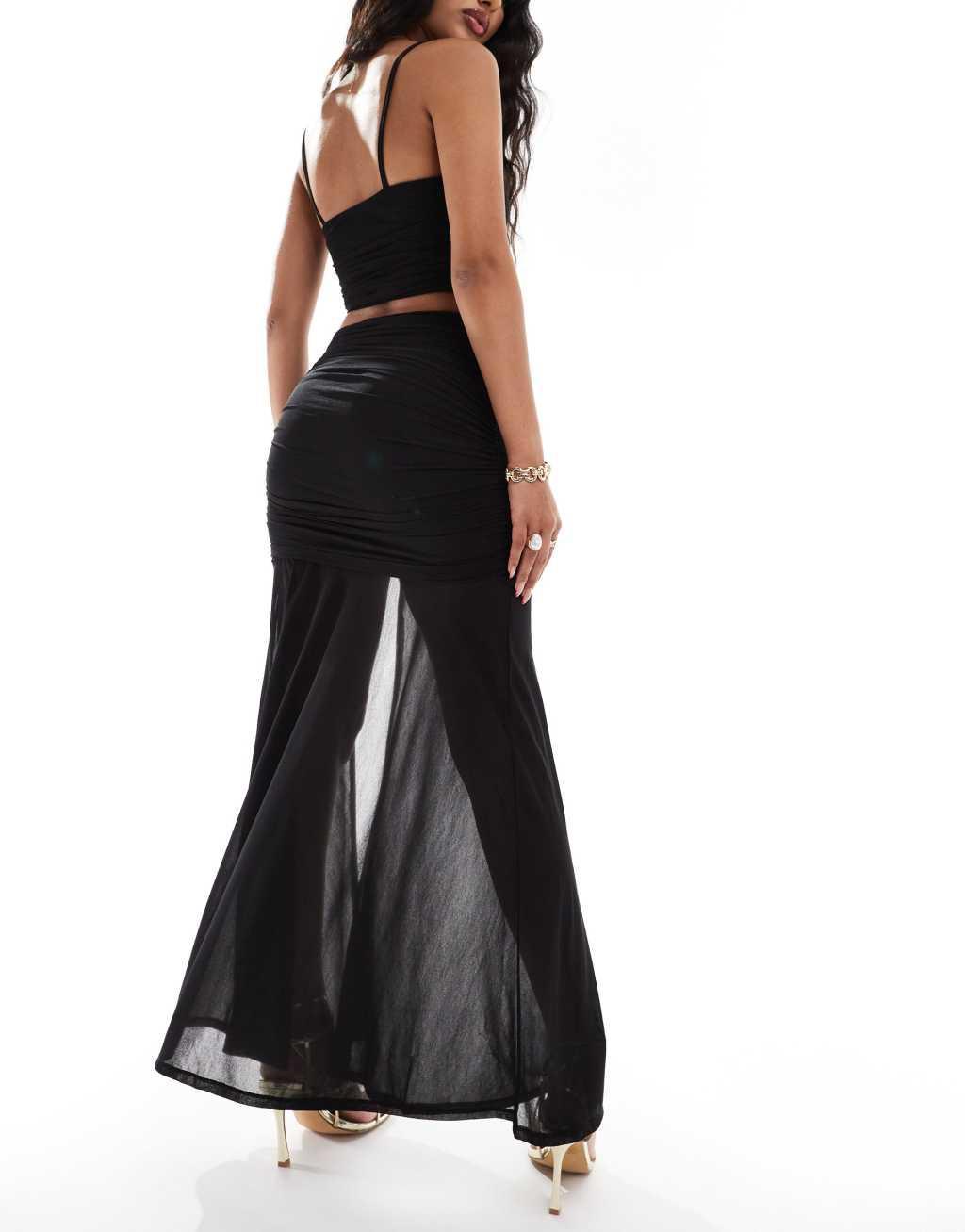 ASOS DESIGN mesh ruched maxi skirt with split in black - part of a set Product Image