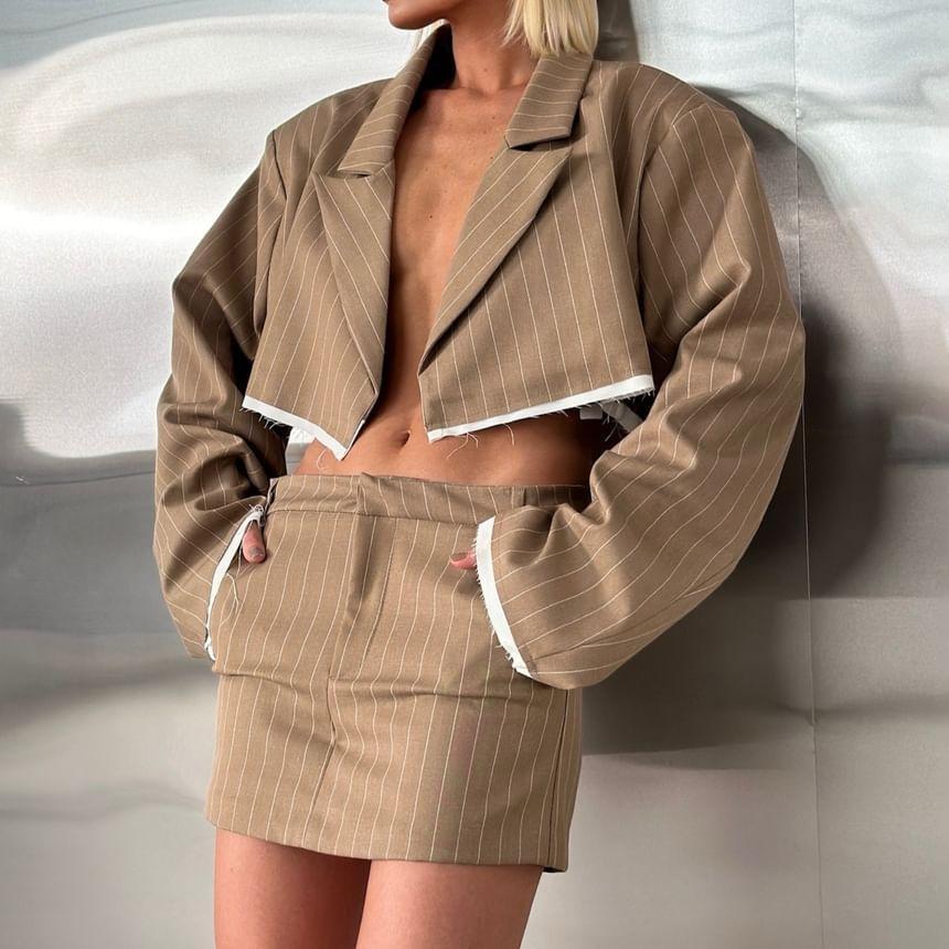 Set: Peak Lapel Striped Contrast Trim Frayed Open Front Crop Blazer + Low Rise Mini Pencil Skirt Product Image
