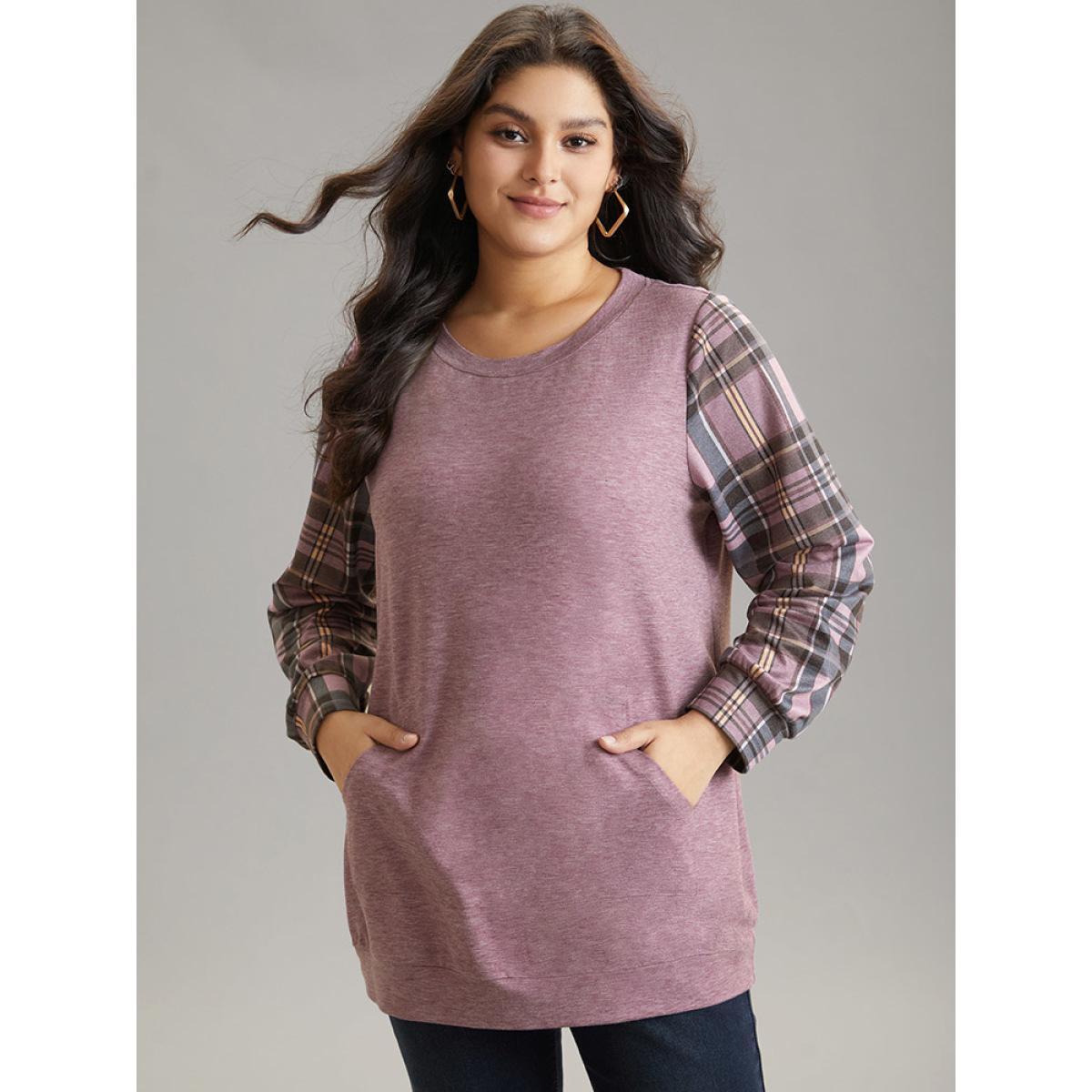 Plus Size Plaid Print Patchwork Kangaroo Pocket Sweatshirt Women Purple Casual Patchwork Round Neck Dailywear Sweatshirts BloomChic 10/M Product Image