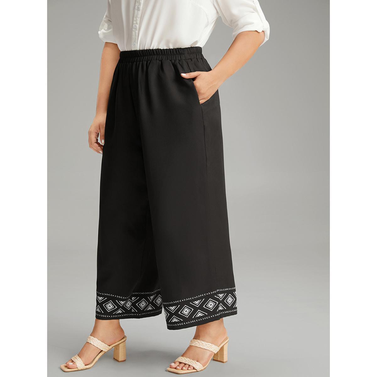 Plus Size Boho Print Elastic Waist Straight Leg Pants Women Black Vacation Straight Leg High Rise Dailywear Pants BloomChic 10/M Product Image