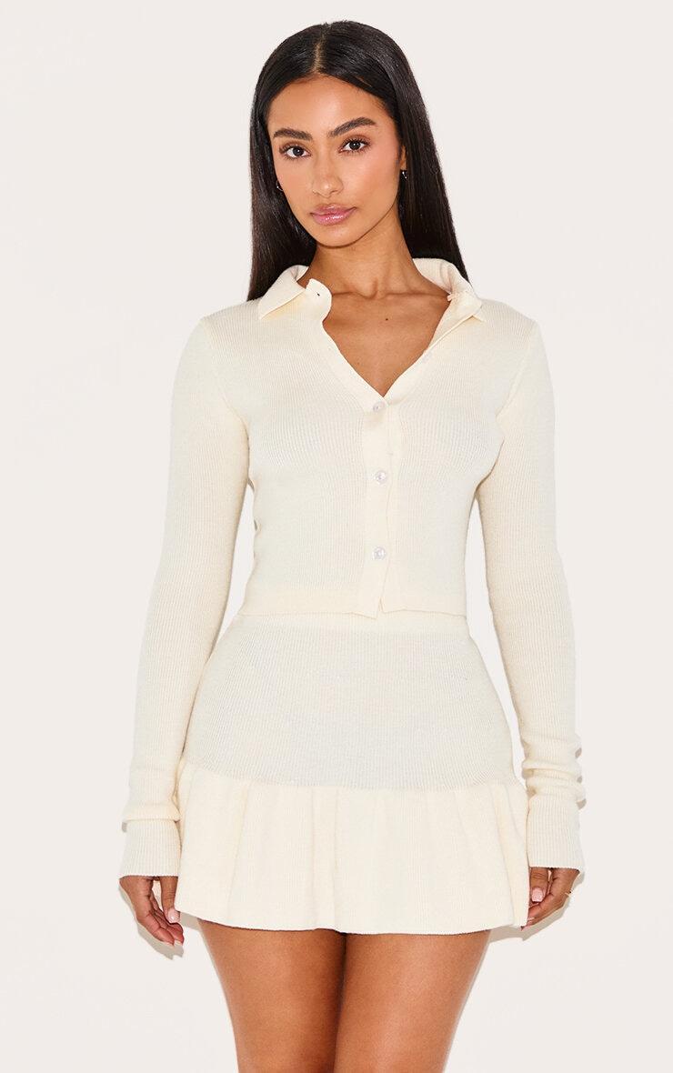 Petite Cream Knitted Pleated Mini Skirt Product Image