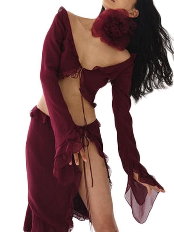 Chiffon Ruffled Trim Tie Front Long Sleeve Tee & Split Skirt Set Product Image