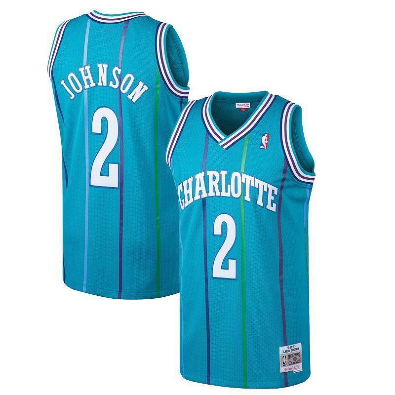 Men's Mitchell & Ness Larry Johnson Teal Charlotte Hornets Hardwood Classics Swingman Jersey, Size: Medium, Chr Blue Product Image