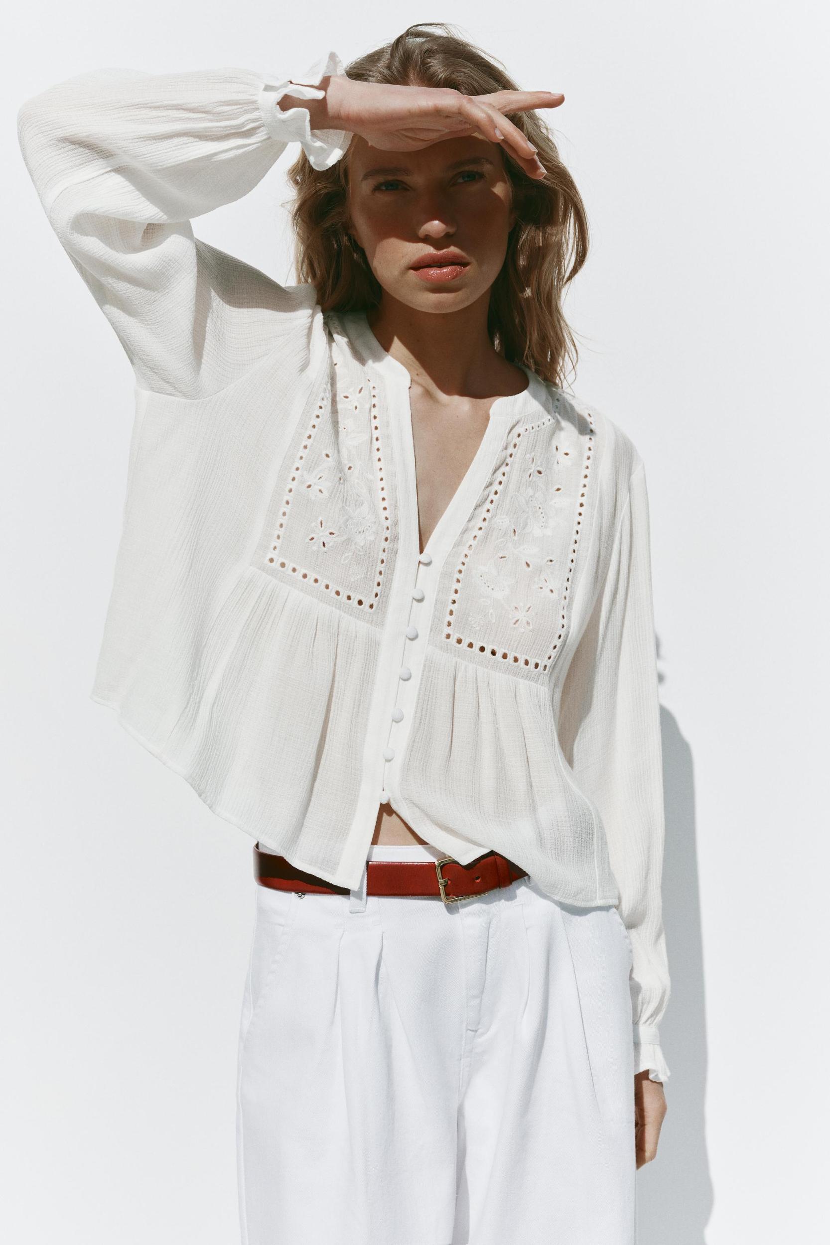 EMBROIDERED EYELET CROPPED BLOUSE Product Image