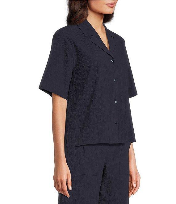 Eileen Fisher Crinkled Organic Cotton Notch Collar Short Sleeve Top Product Image