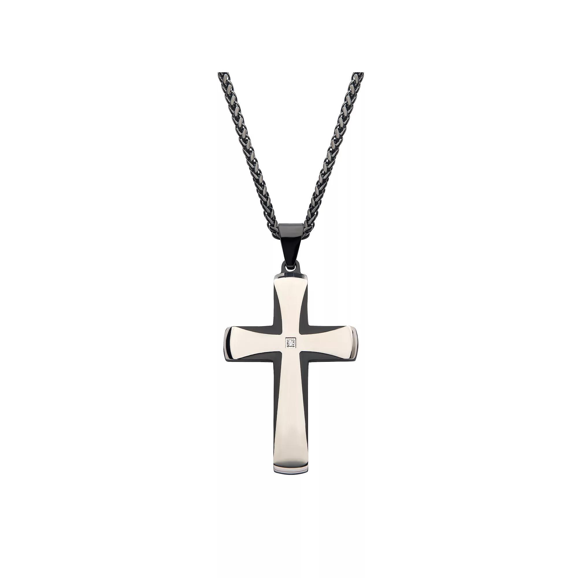 Men's Two-Tone Ion-Plated Stainless Steel Cross Pendant Necklace with Cubic Zirconia Accent, Size: 22", Blue Product Image
