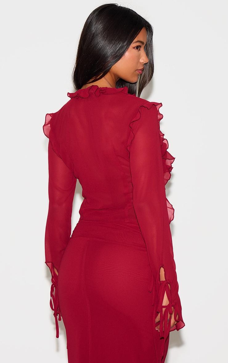 Burgundy Chiffon Ruffle Tie Front Blouse Product Image