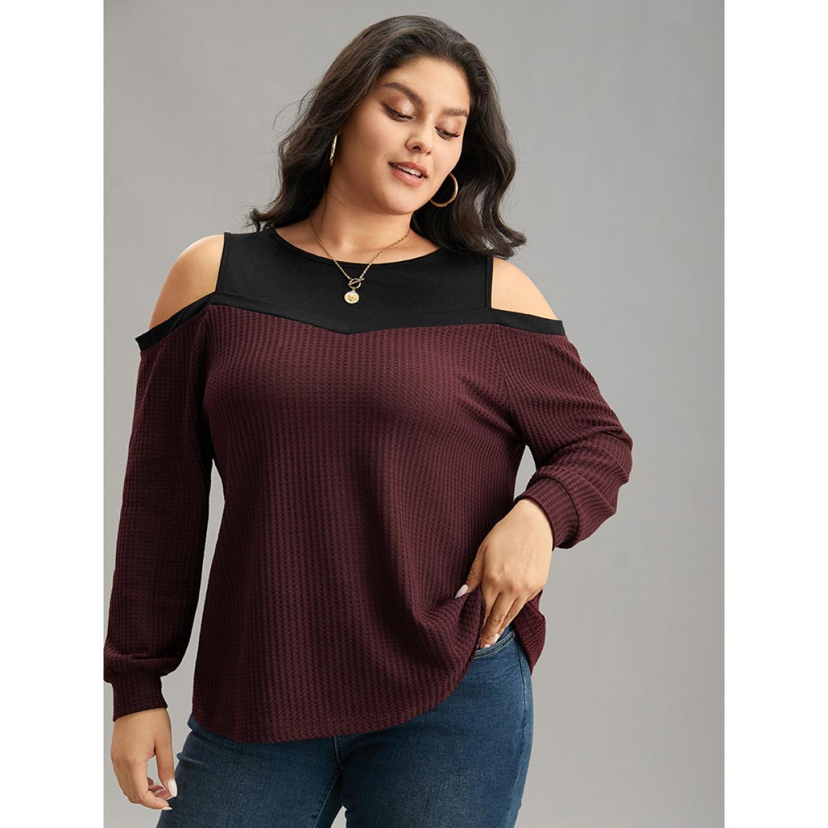 Plus Size Cold Shoulder Patchwork Contrast Waffle Knit T-shirt Burgundy Women Casual Waffle Knit Plain Cold Shoulder Dailywear T-shirts BloomChic 12/L Product Image