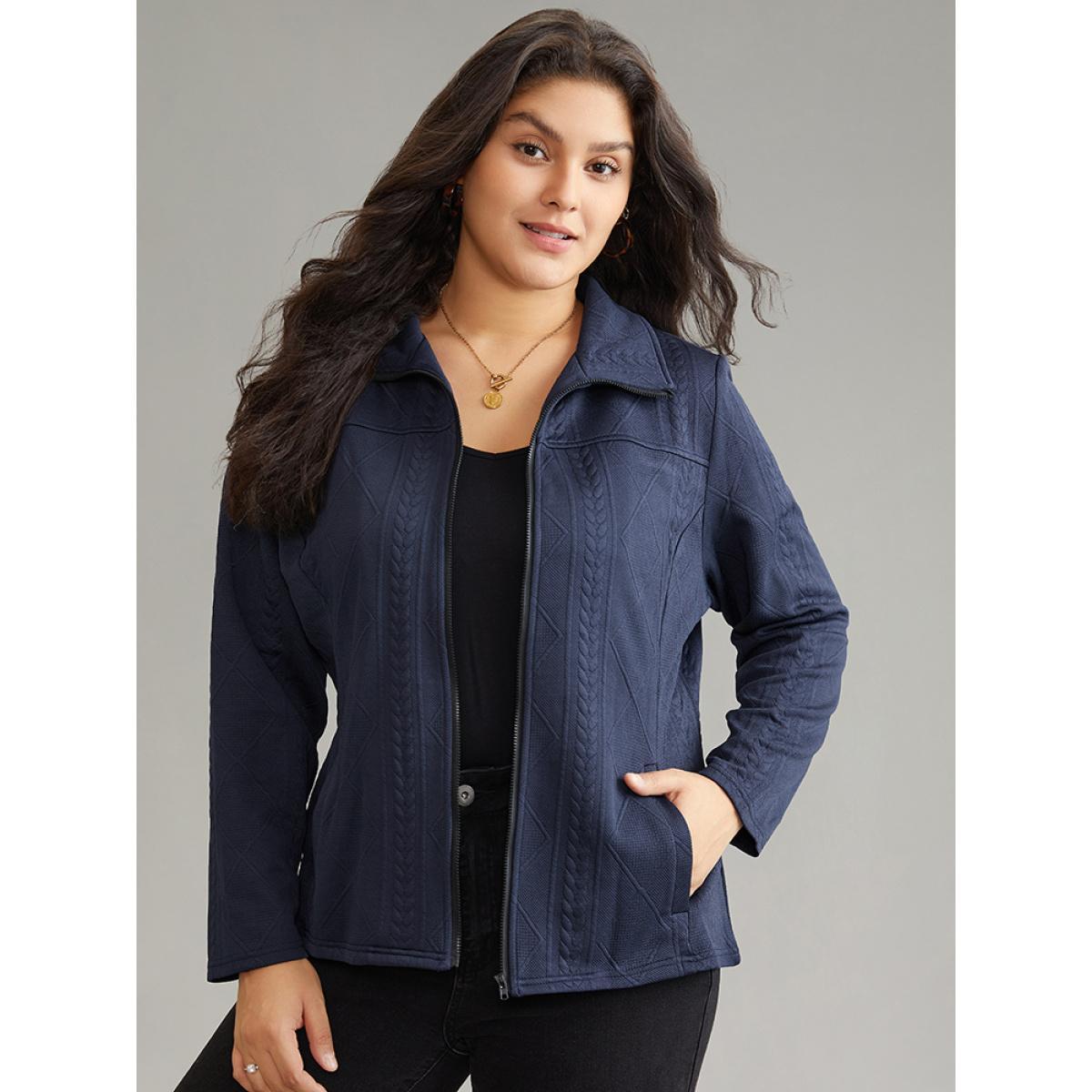 Plus Size Solid Jacquard Zipper Texture Jacket Women Indigo Texture Pocket Dailywear Jackets BloomChic 10/M Product Image
