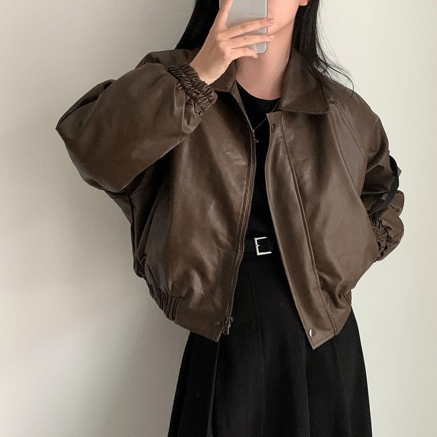 Long Sleeve Lapel Neck Fleece Lined Faux Leather Bomber Jacket Product Image