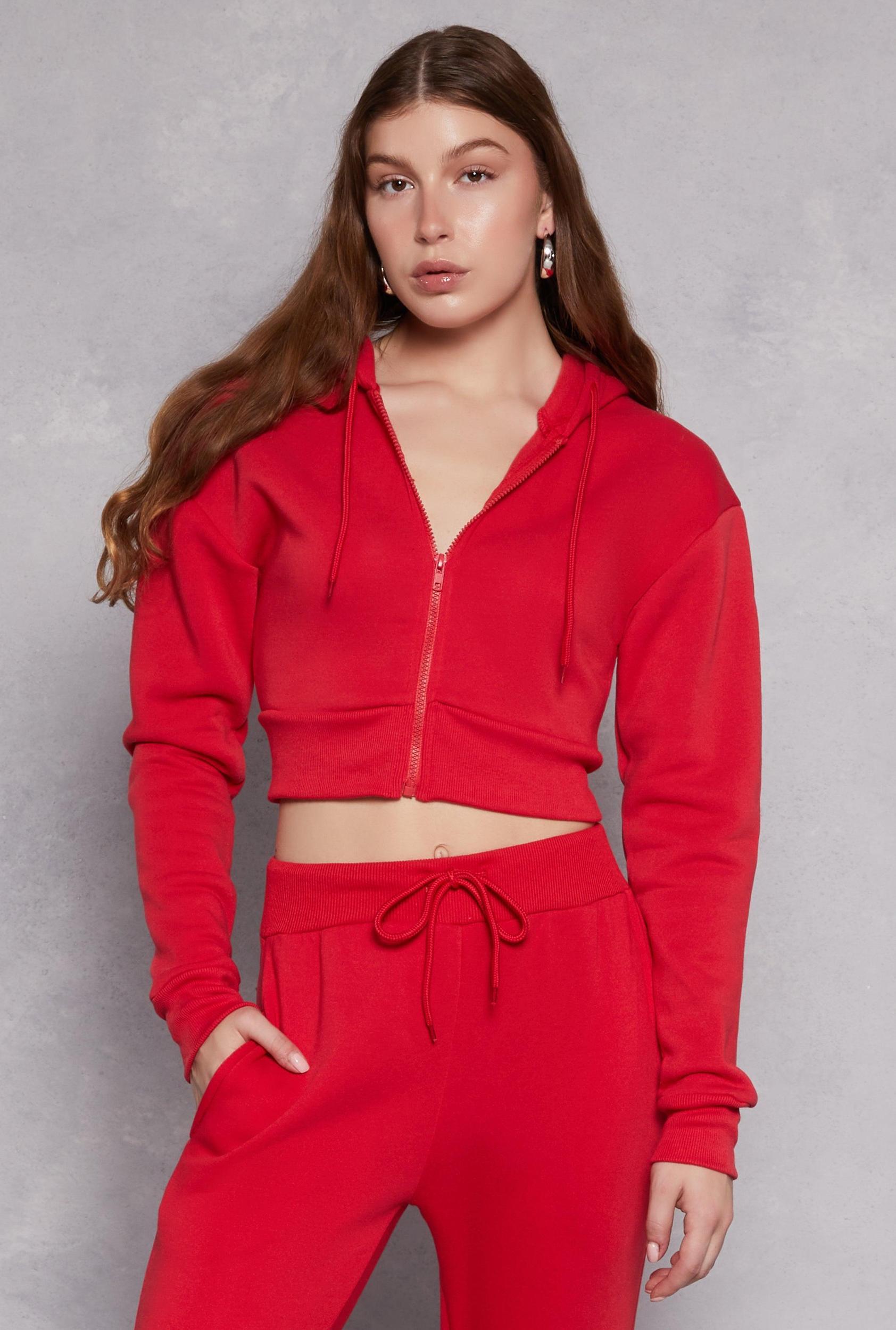 Womens Fleece Solid Cropped Zip Front Hoodie Product Image