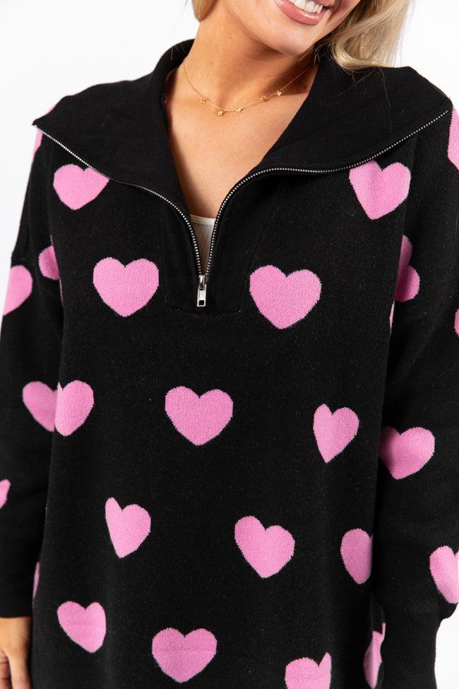 Pulling Heartstrings Black and Pink Heart Print Quarter Zip Pullover FINAL SALE Product Image