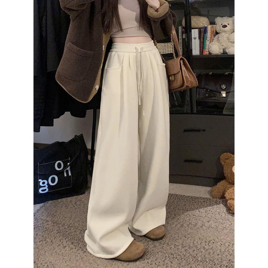 Drawstring Waist Fleece Lined Wide Leg Pants Product Image