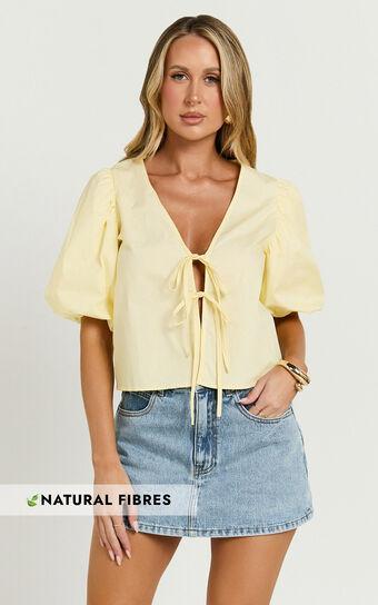 Dana Top - Bow Tie Front Puff Sleeve Blouse in Lemon Product Image