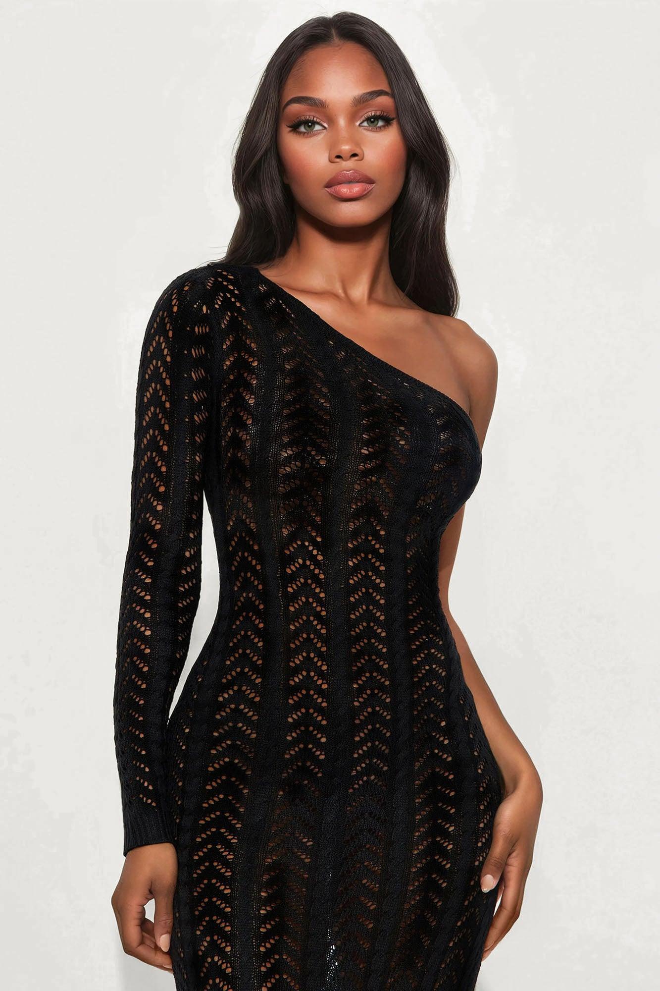 Rayna Crochet One Shoulder Maxi Dress - Black Product Image
