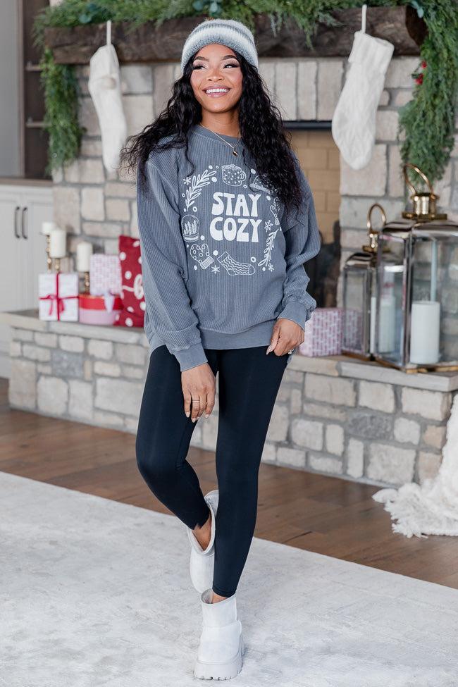 Stay Cozy Winter Charcoal Corded Graphic Sweatshirt SALE Product Image