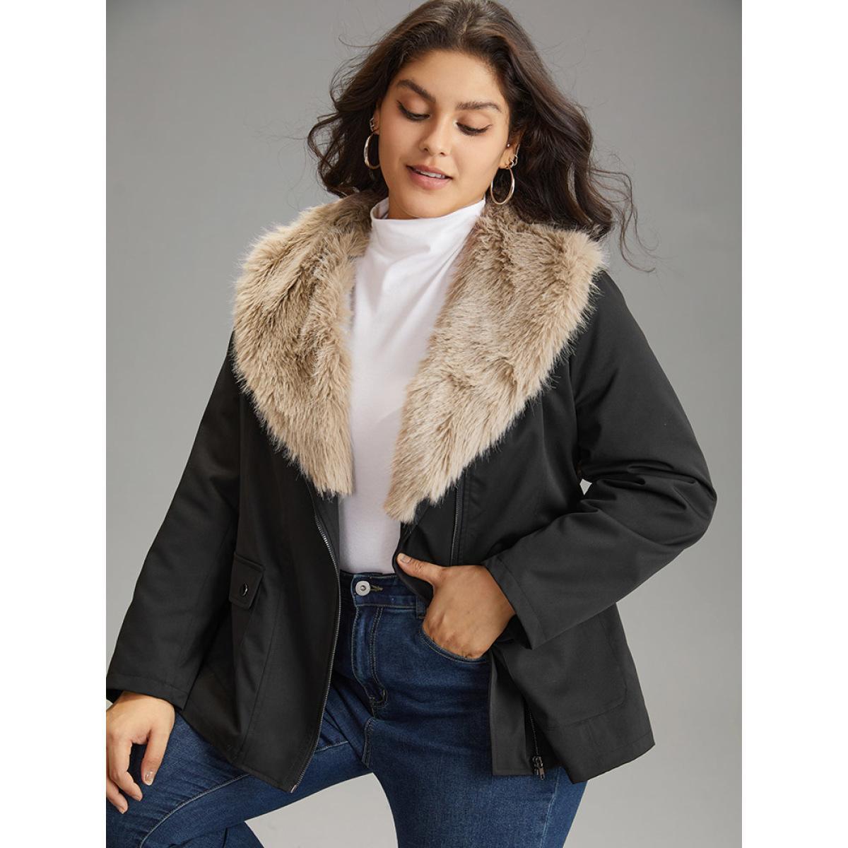 Plus Size Fuzzy Trim Patchwork Zipper Belted Lapel Collar Coat Women Black Casual Lined Ladies Dailywear Winter Coats BloomChic 26/4X Product Image