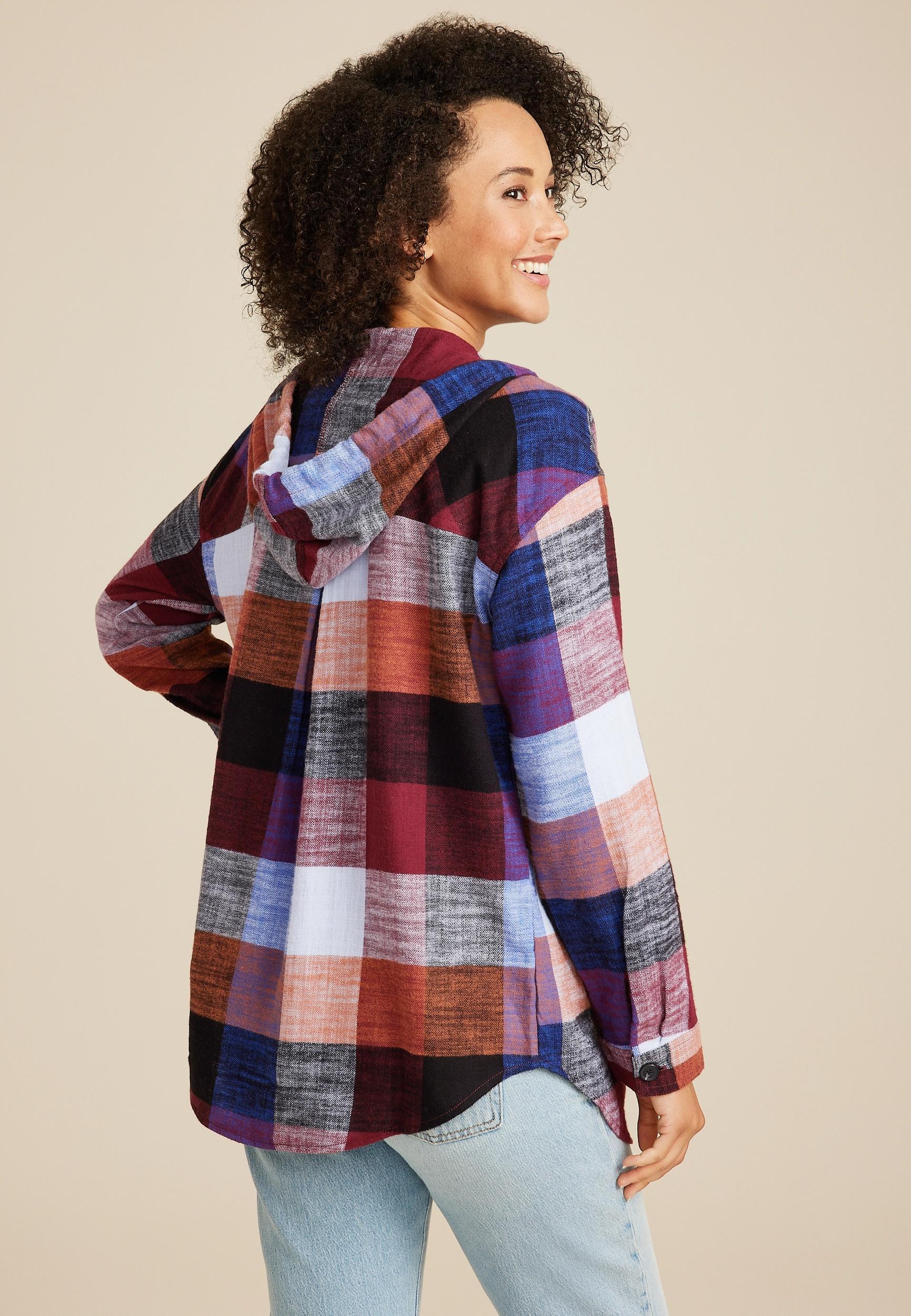 Maurices Womens Cabin Plaid Boyfriend Hooded Button Down Shirt Brown Size X Small Product Image