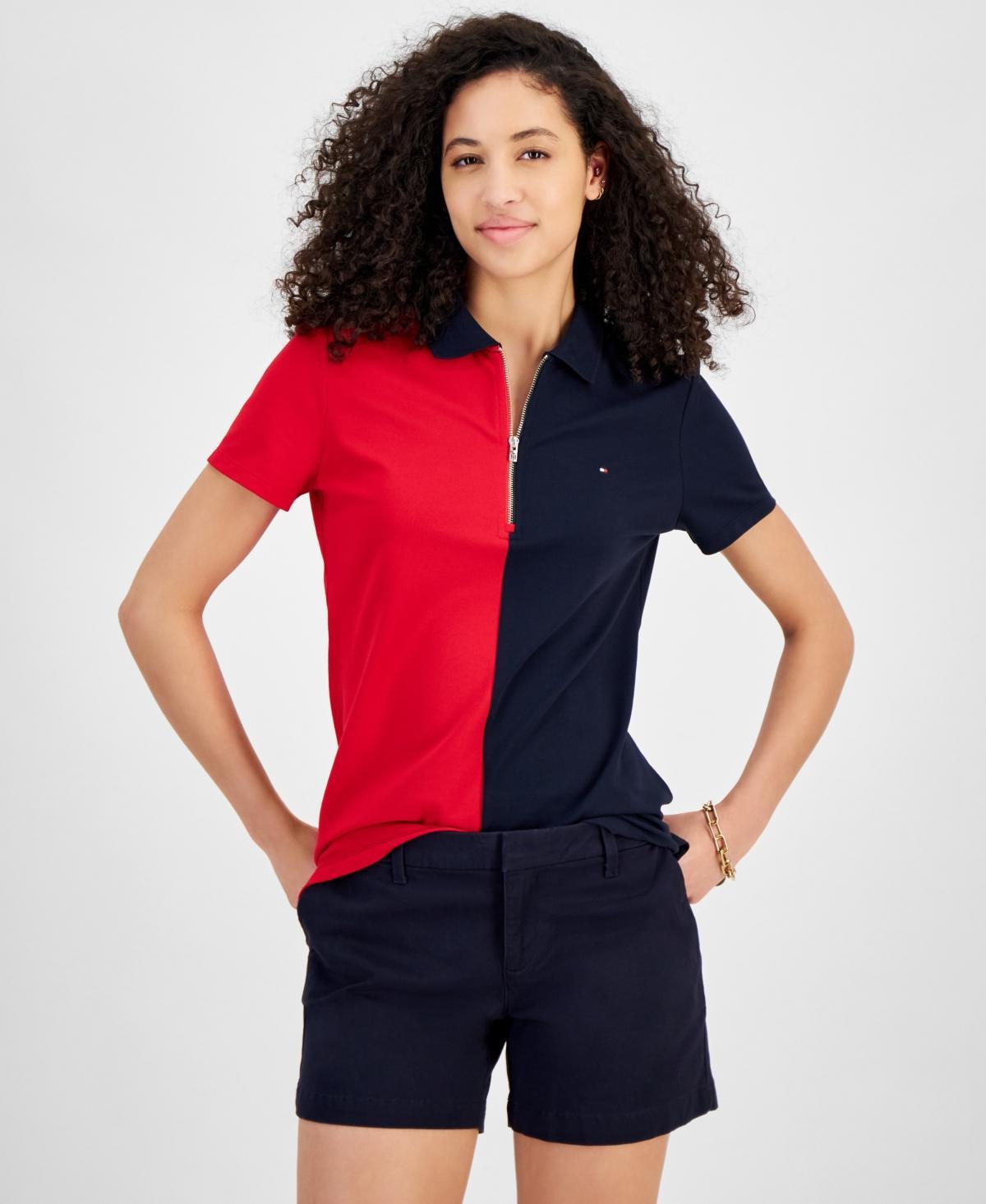 Tommy Hilfiger Short Sleeve Color-Block Zip Polo (Bright White/Sky Captain) Women's Clothing Product Image