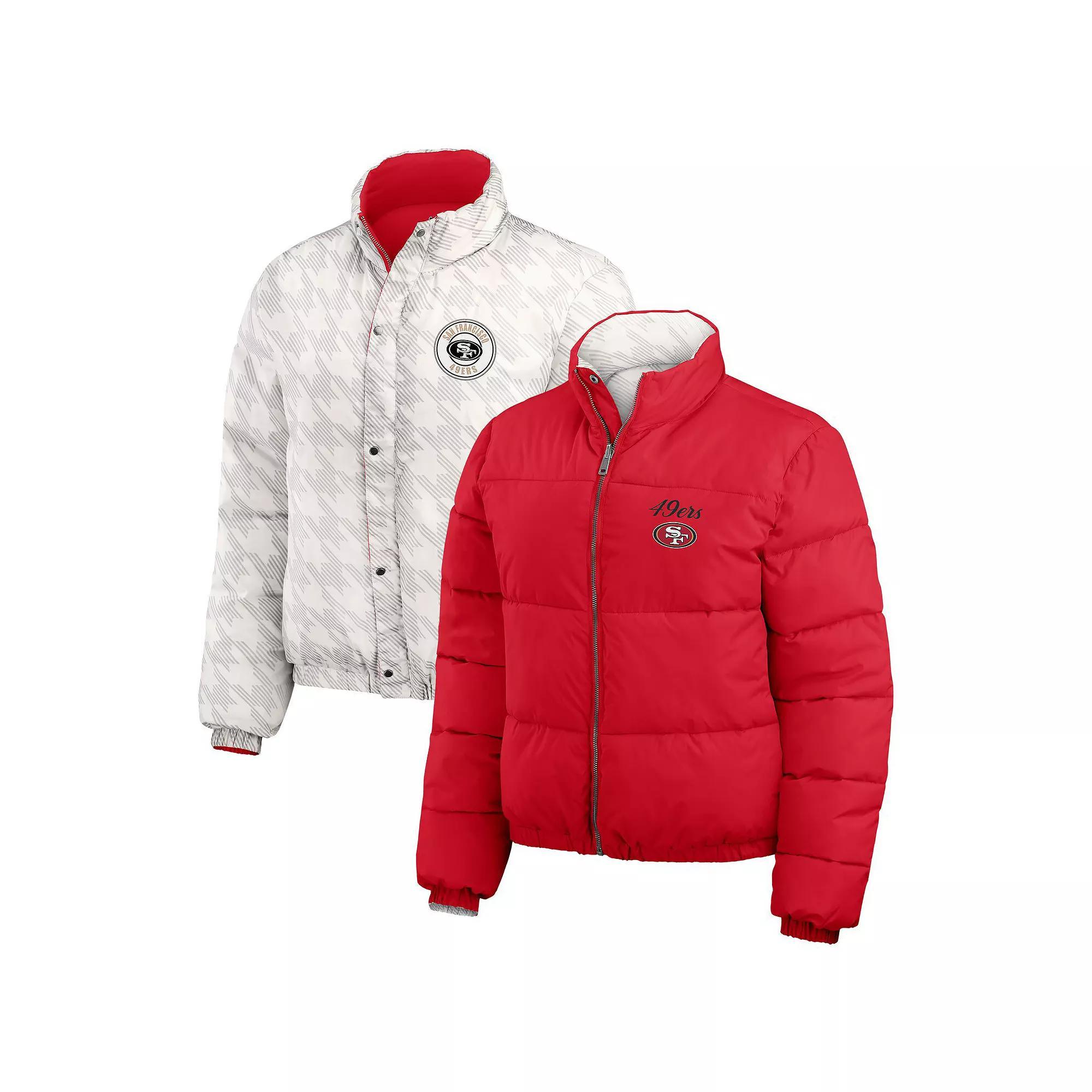 Women's WEAR by Erin Andrews  Scarlet/White San Francisco 49ers Reversible Cropped Full-Zip Puffer Jacket, Size: 2XL, Red Product Image