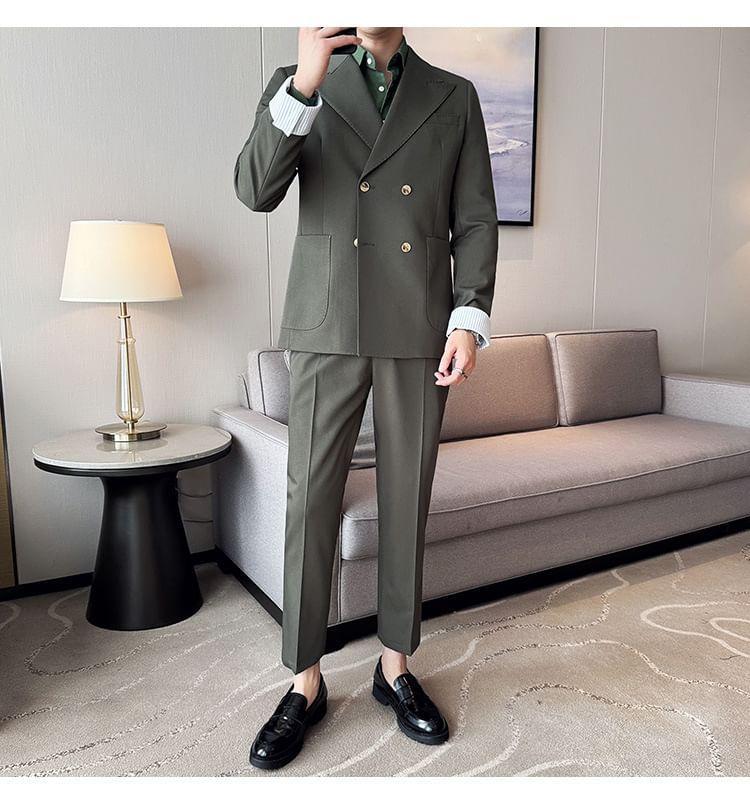 Peak Lapel Plain Double-Breasted Blazer / Mid Rise Tapered Dress Pants / Set Product Image