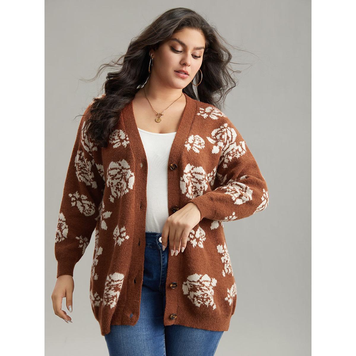 Plus Size Anti-Pilling Floral Print Drop Shoulder Cardigan Chocolate Women Casual Loose Long Sleeve Dailywear Cardigans BloomChic 10/M Product Image