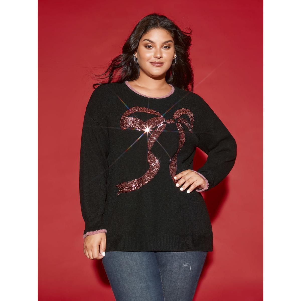 Plus Size Supersoft Essentials Sequin Embroidery Bow Detail Pullover Black Women Casual Loose Long Sleeve Round Neck Everyday Pullovers BloomChic 26/4X Product Image