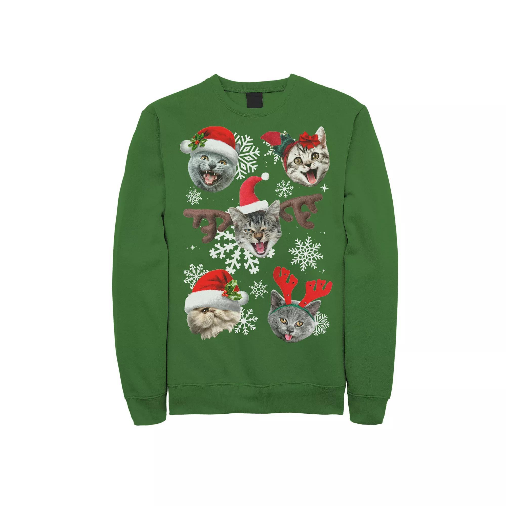 Mens Cats In Christmas Hats Collage Graphic Fleece Pullover Product Image