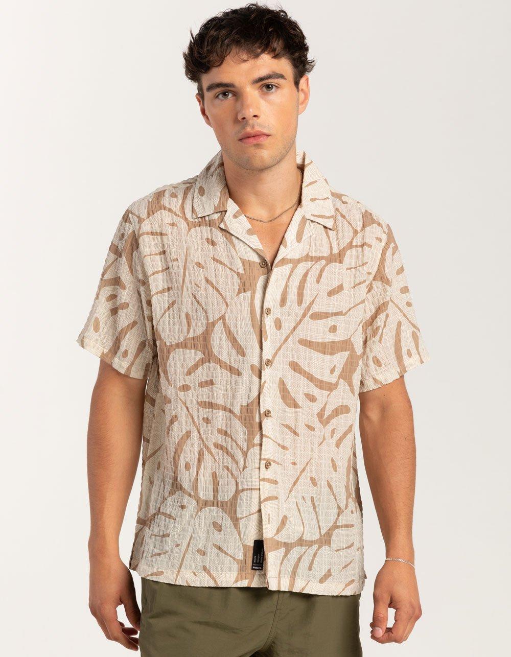 RSQ Mens Texture Leaf Camp Shirt - TAN Product Image