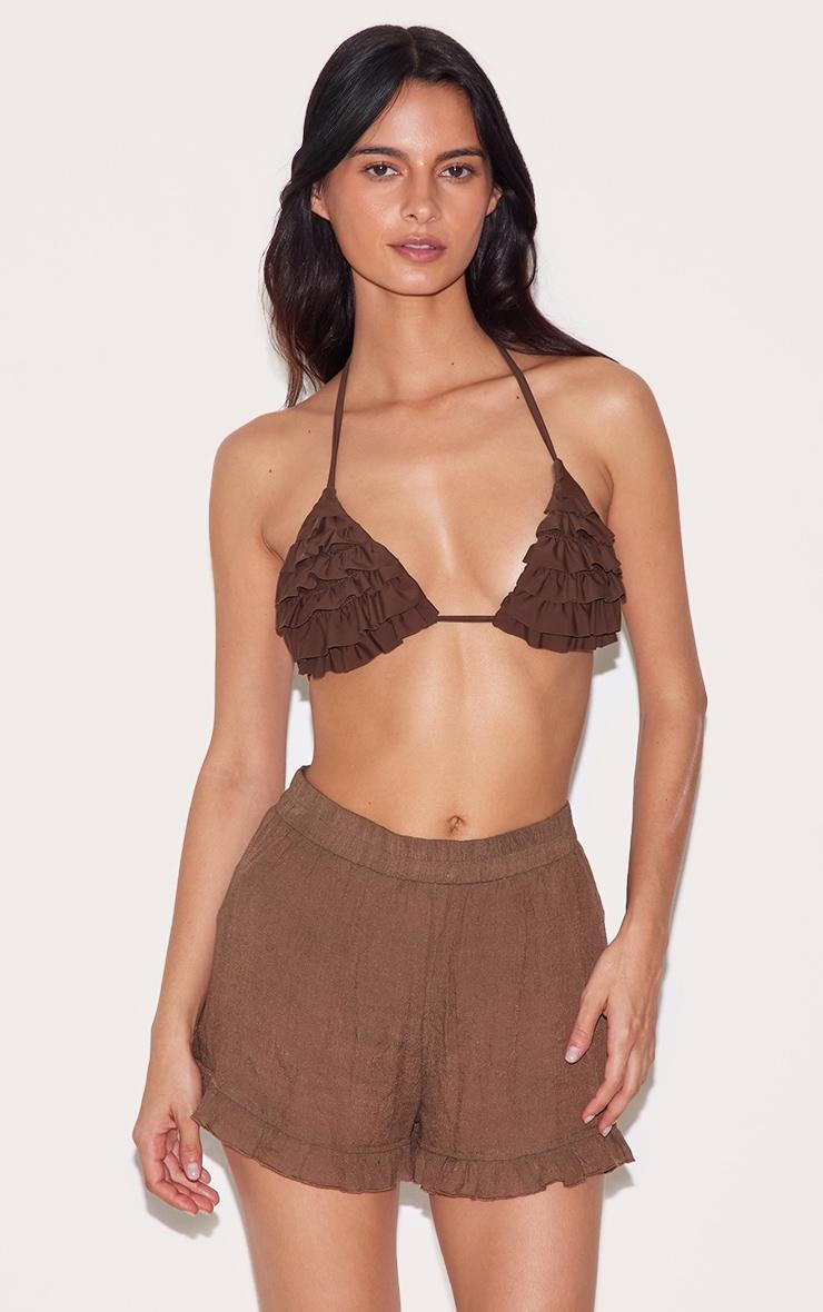 Chocolate Textured Woven Frill Edge Shorts Product Image
