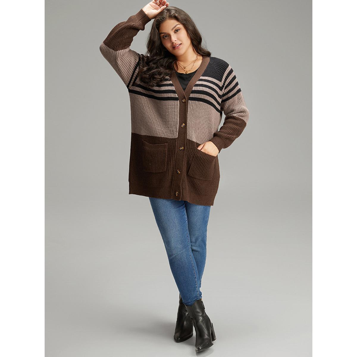Plus Size Striped Colorblock Patched Pocket Cardigan Multicolor Women Casual Loose Long Sleeve Dailywear Cardigans BloomChic 28/5X Product Image