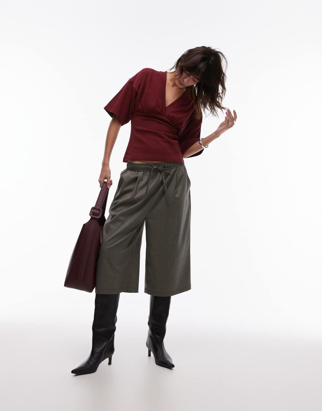 Topshop structured short sleeve top in burgundy Product Image