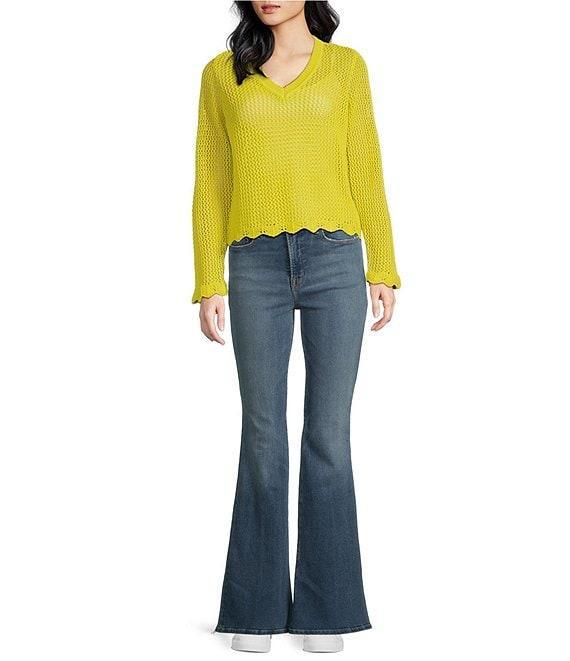 Skies Are Blue Crochet V-Neck Long Sleeve Scallop Hem Top Product Image