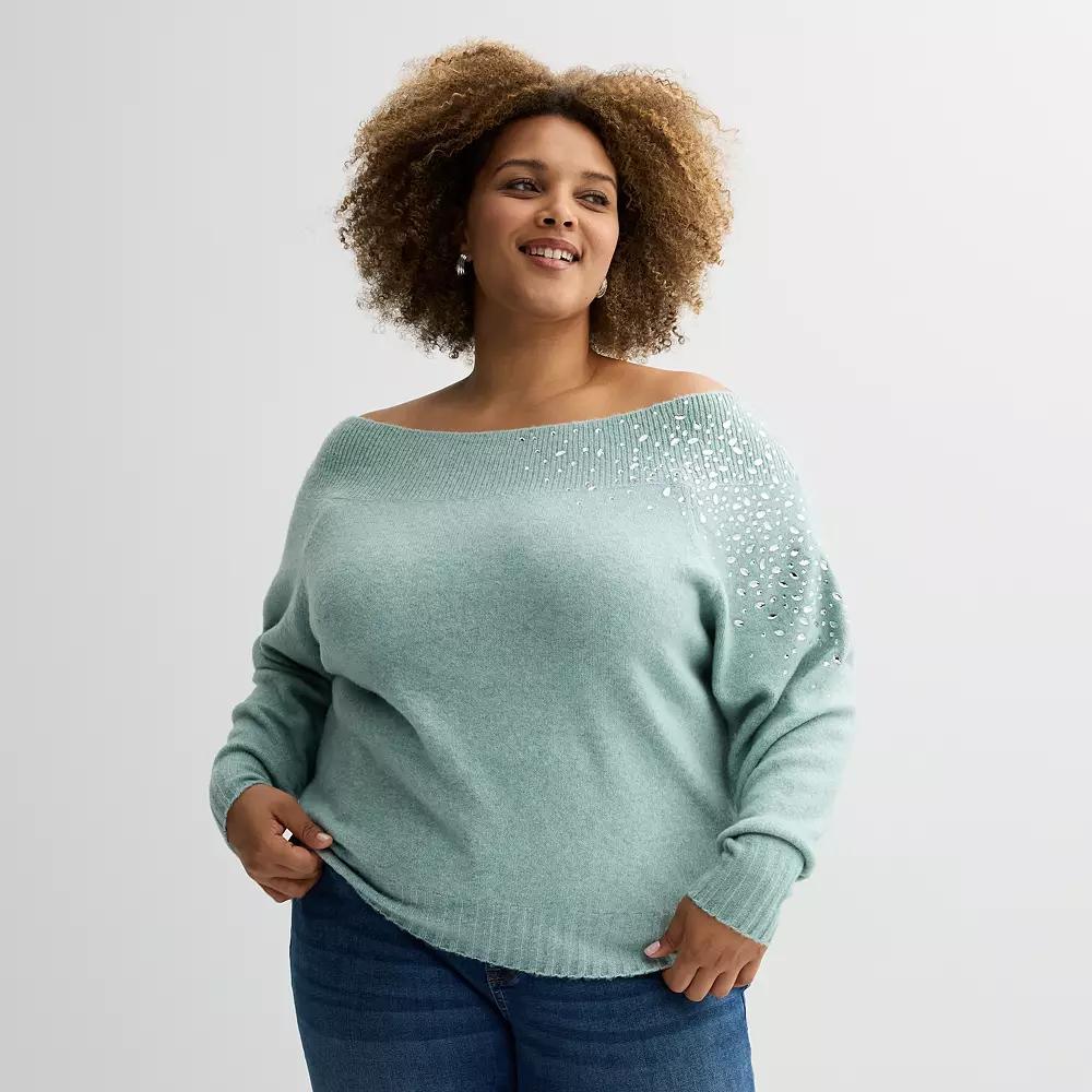 Plus Size Nine West Off-The-Shoulder Shine Sweater, Women's, Size: 2XL, Camel Product Image