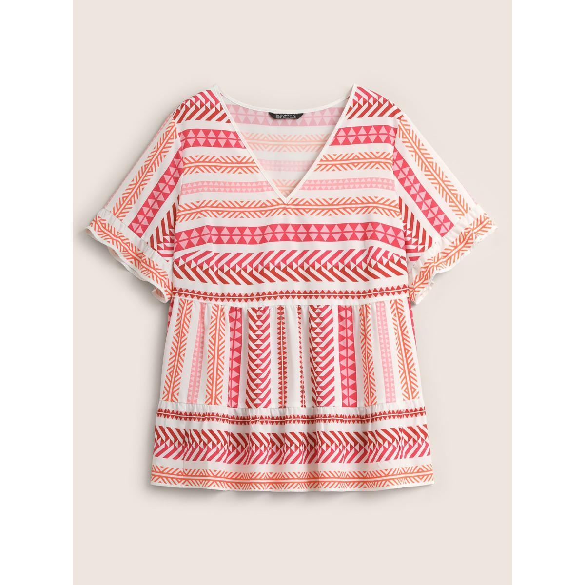 Plus Size White V Neck Geometric Patchwork Ruffles Blouse Women Resort Half Sleeve V-neck Vacation Blouses BloomChic 12/L Product Image