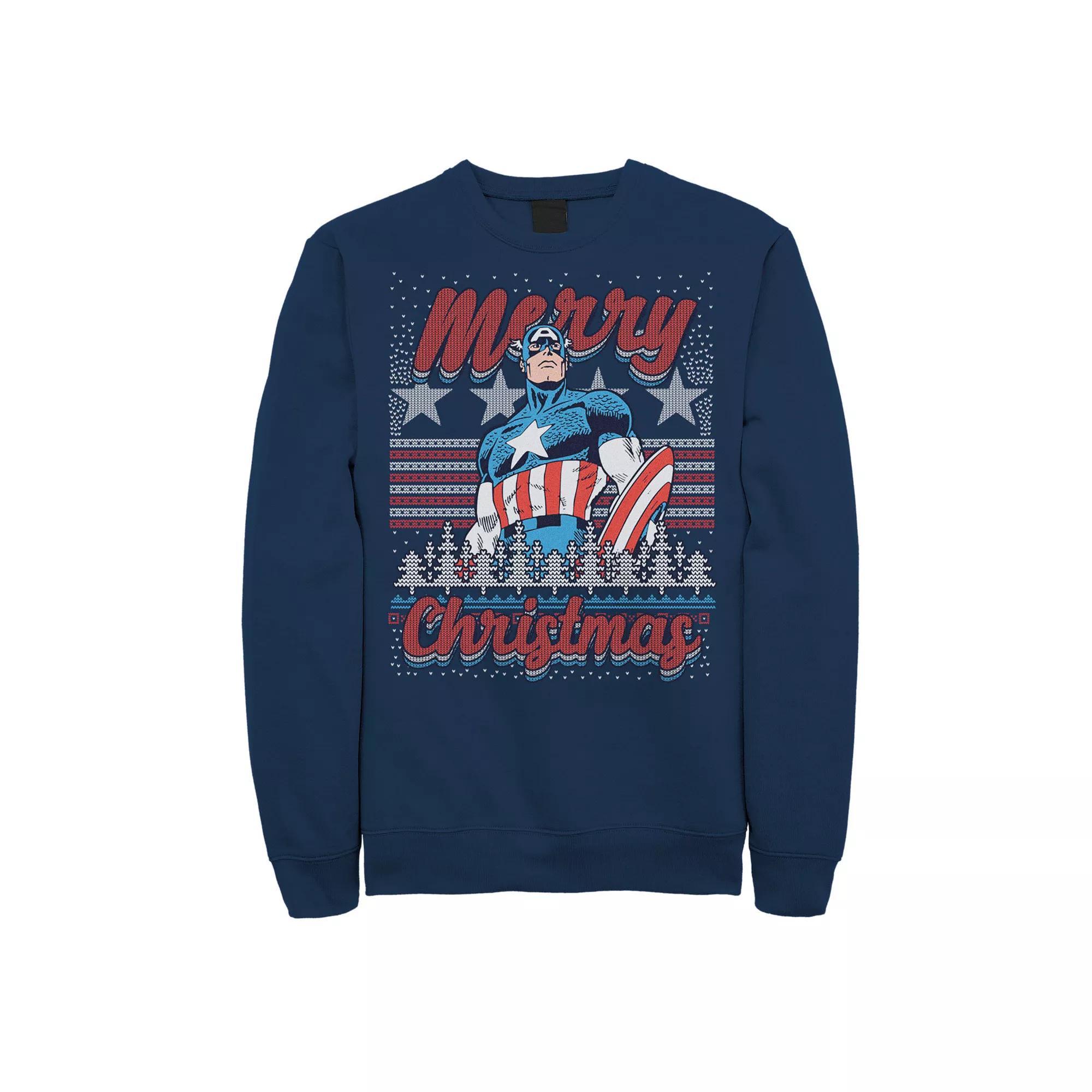 Men's Marvel Capitan America Merry Christmas Ugly Sweater Sweatshirt, Size: Large, Blue Product Image