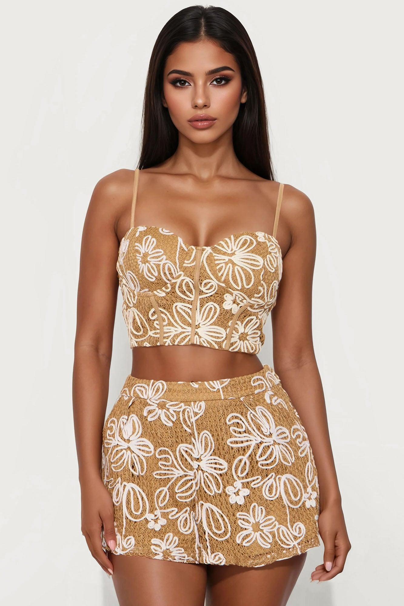 Mimosas And Chill Embroidered Short Set - Camel Product Image