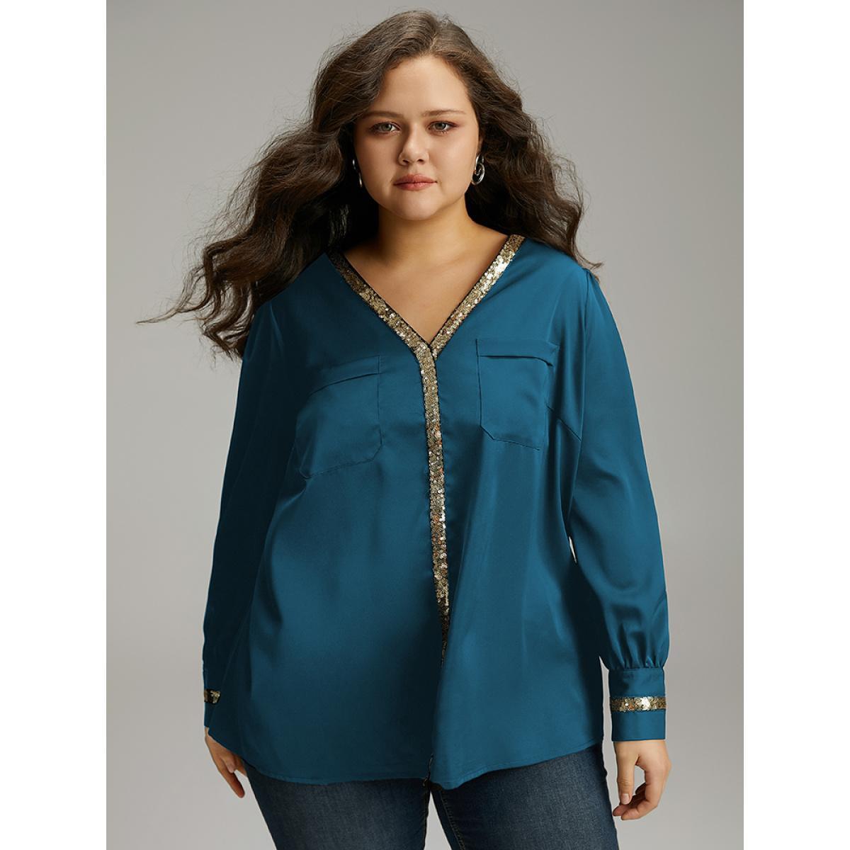Plus Size Aegean Sequin Patchwork V Neck Blouse Women Glamour Long Sleeve V-neck Party Blouses BloomChic 30/6X Product Image