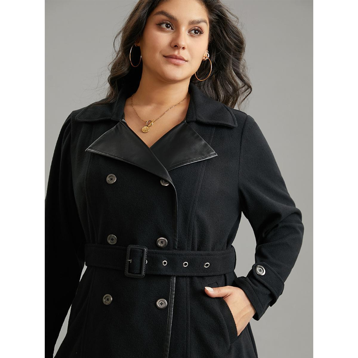 Plus Size PU Leather Patchwork Lapel Collar Double Breasted Belted Coat Women Black Casual Belted Ladies Dailywear Winter Coats BloomChic 28/5X Product Image