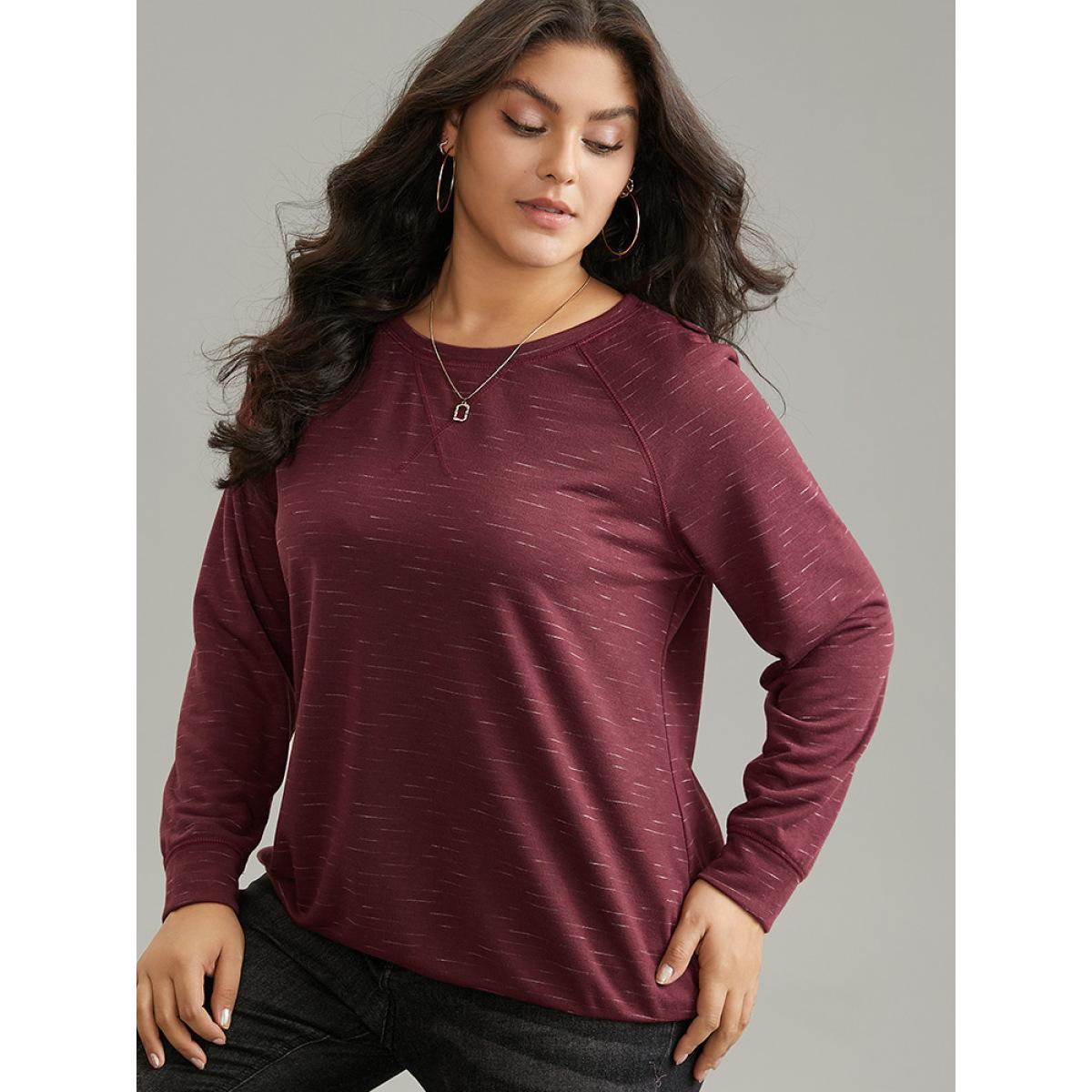 Plus Size Plain Stitch Raglan Sleeve Round Neck Sweatshirt Women Burgundy Casual Plain Round Neck Everyday Sweatshirts BloomChic 22-24/3X Product Image