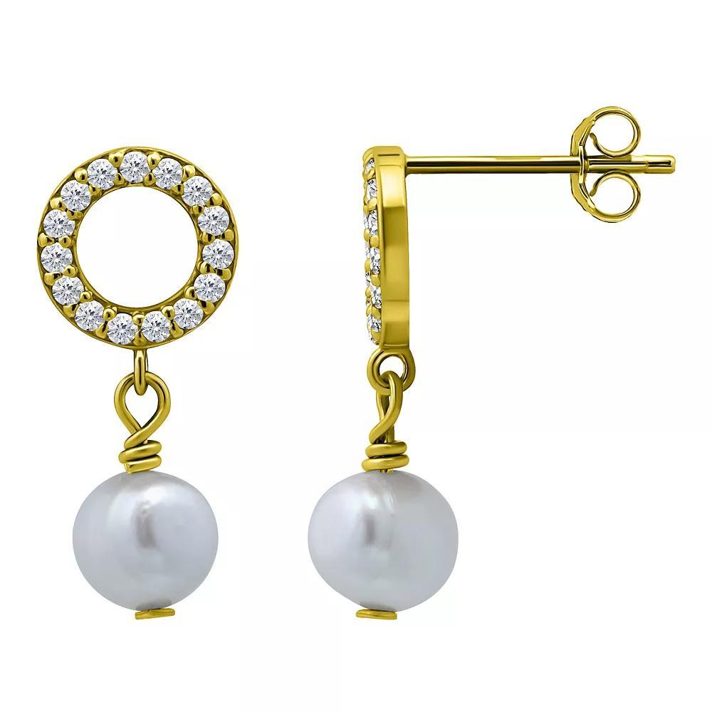 Aleure Precioso Sterling Silver Freshwater Cultured Pearl Drop & Cubic Zirconia Pave Open Circle Post Earrings, Women's, Gold Tone Product Image